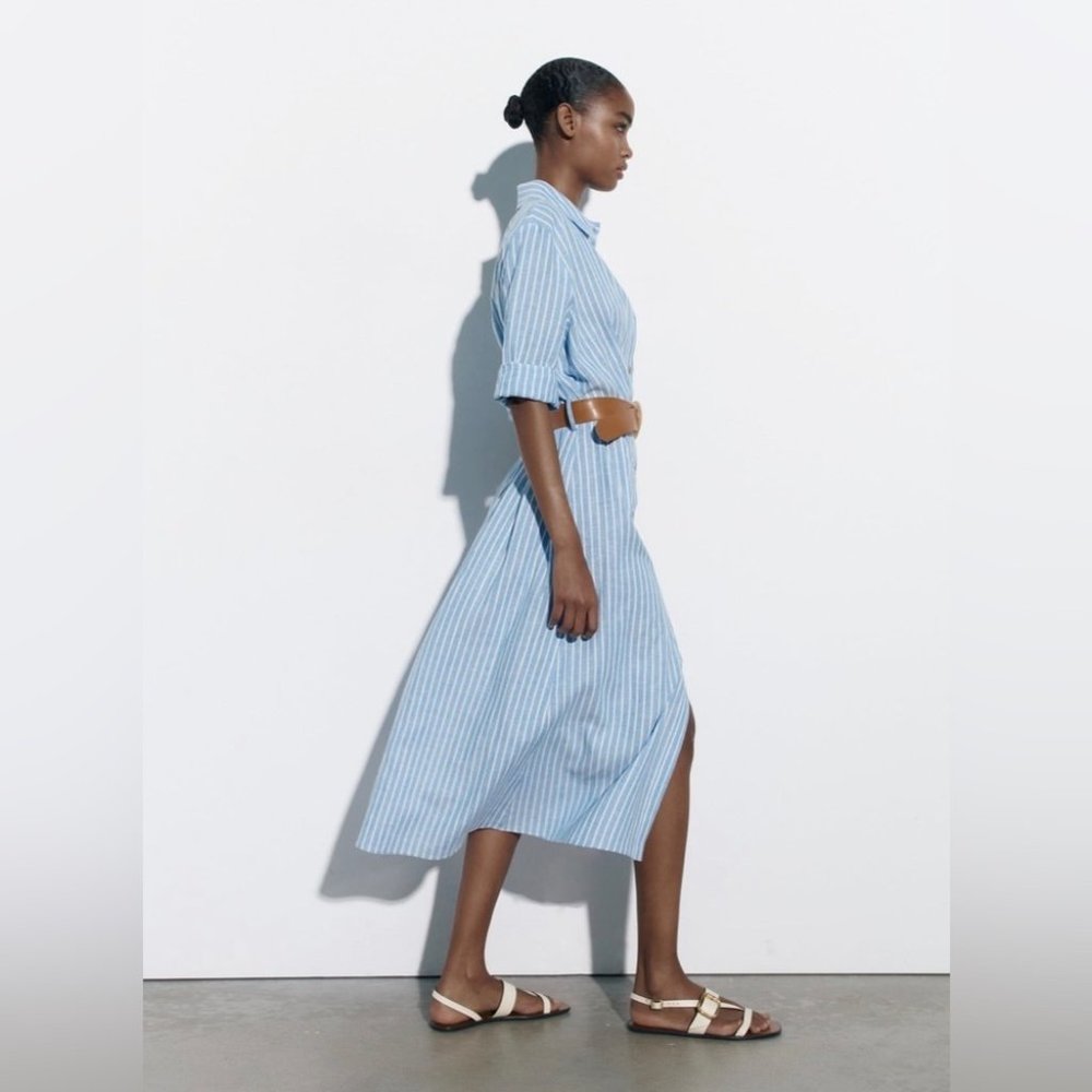 Zara Blue Stripe Linen Blend  Button Up Shirt Dress | size XS - Picture 5 of 13
